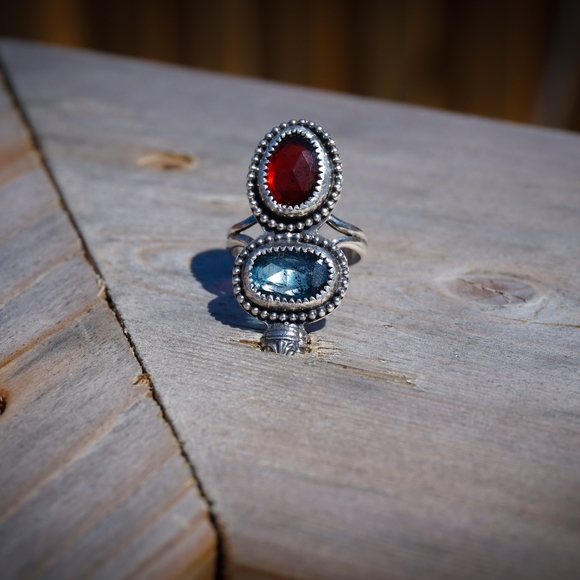 Hessonite Garnet and Teal Moss Kyanite BEZEL Set Gemstone Ring .925 Sz. 6.5 - Picture 5 of 6